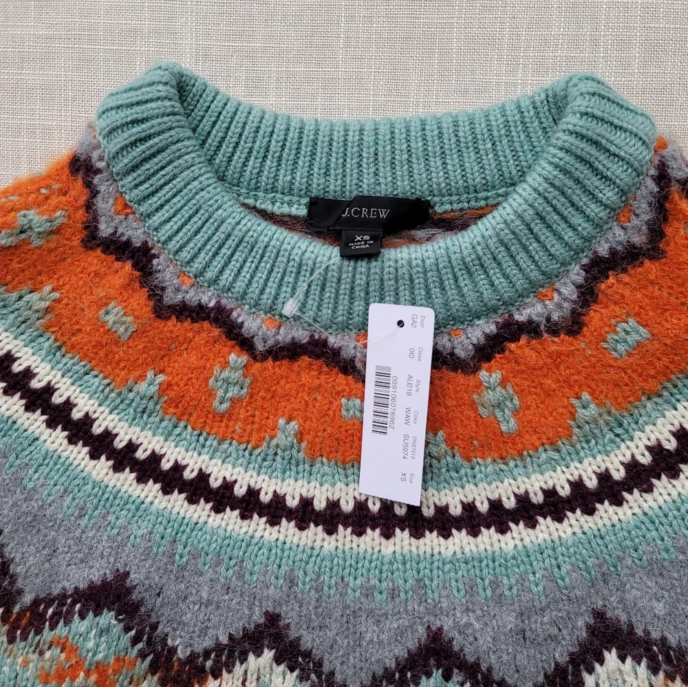 New! J Crew sz XS X-Small Zigzag Fair Isle Warm Aqua Blue Sweater NWT
